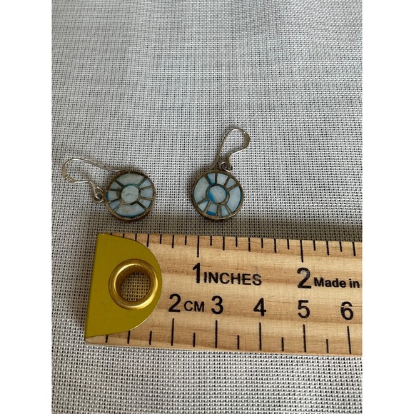 Vintage 925 Sterling Silver Gemstone inlay round circle dangle earrings Estate - Picture 4 of 5